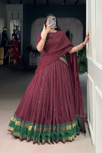 Maroon Pure Chanderi Zari Weaving Work South Indian Lehenga Choli