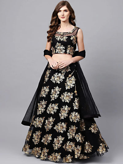 Black Floral Golden Sequins Work Net Fabric Party Lehenga Choli