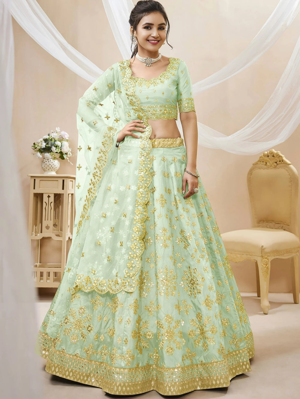 Pista Embroidered Art Silk Reception Lehenga Choli for Ladies