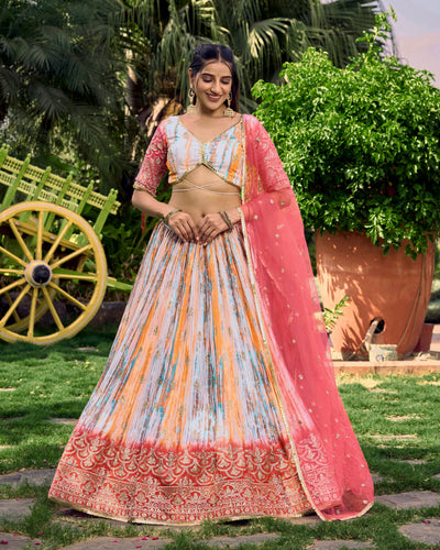White Chinon Thread Embroidered Festival Wear Lehenga Choli for Women