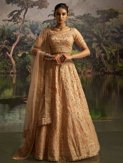 Peach Net Sequins Embroidered Traditional Lehenga Choli for Women