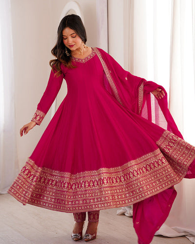 Rani Pink Vichitra Silk Embroidered Anarkali Suit for Women