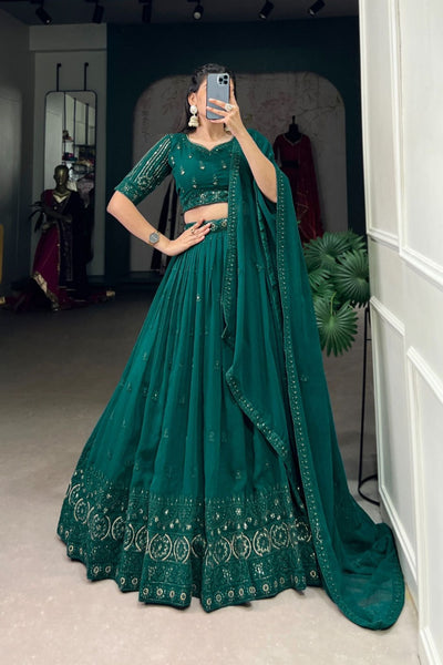 Blue Green Sequins With Thread Embroidery Work Wedding Lehenga Choli - Zimonza