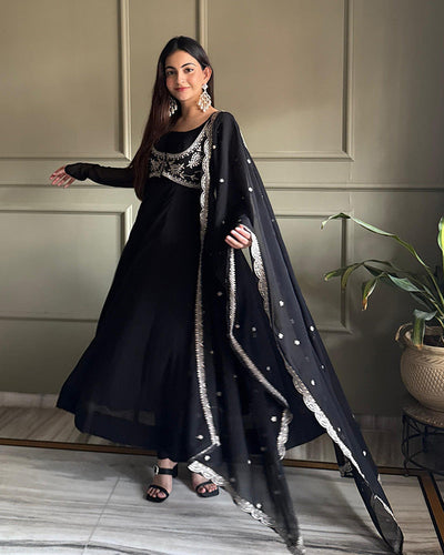 Black Georgette Embroidered Party Anarkali Suit for Women