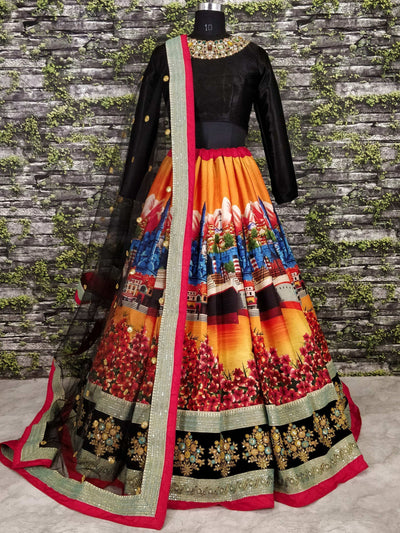 Art silk wedding lehenga choli with digital floral print sequins and dori embroidery work - Digital Printed Silk Wedding Lehenga Choli for Women