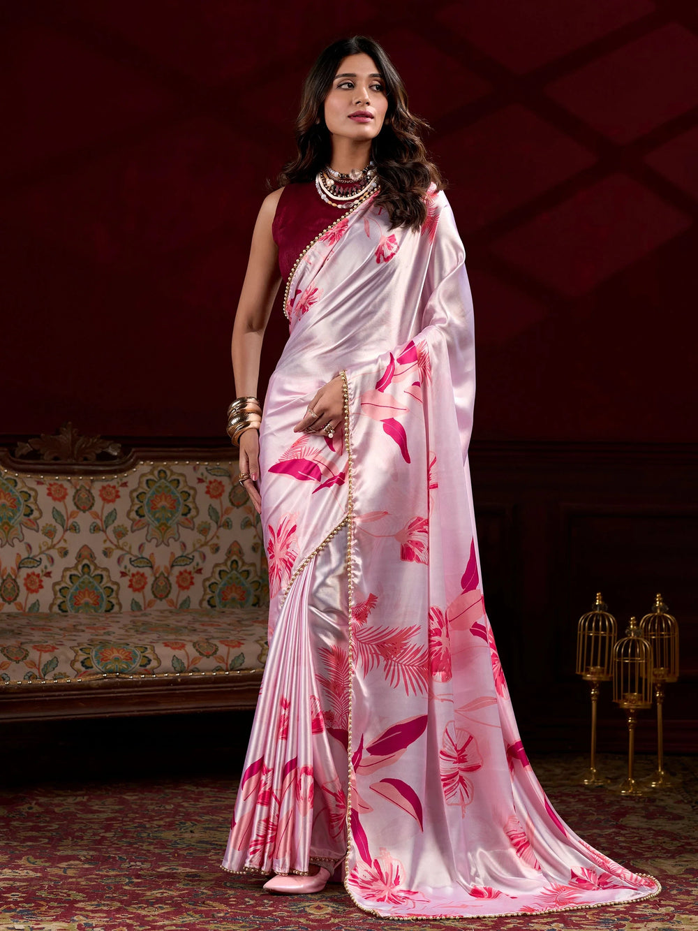 Light Pink Satin Pearl Work Party Wear Saree With Blouse