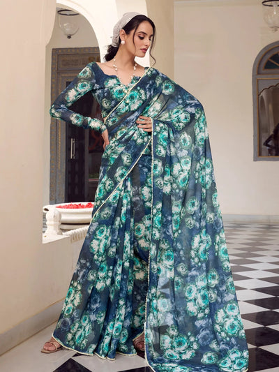 Navy Blue Georgette Floral Printed Event Wear Saree With Blouse