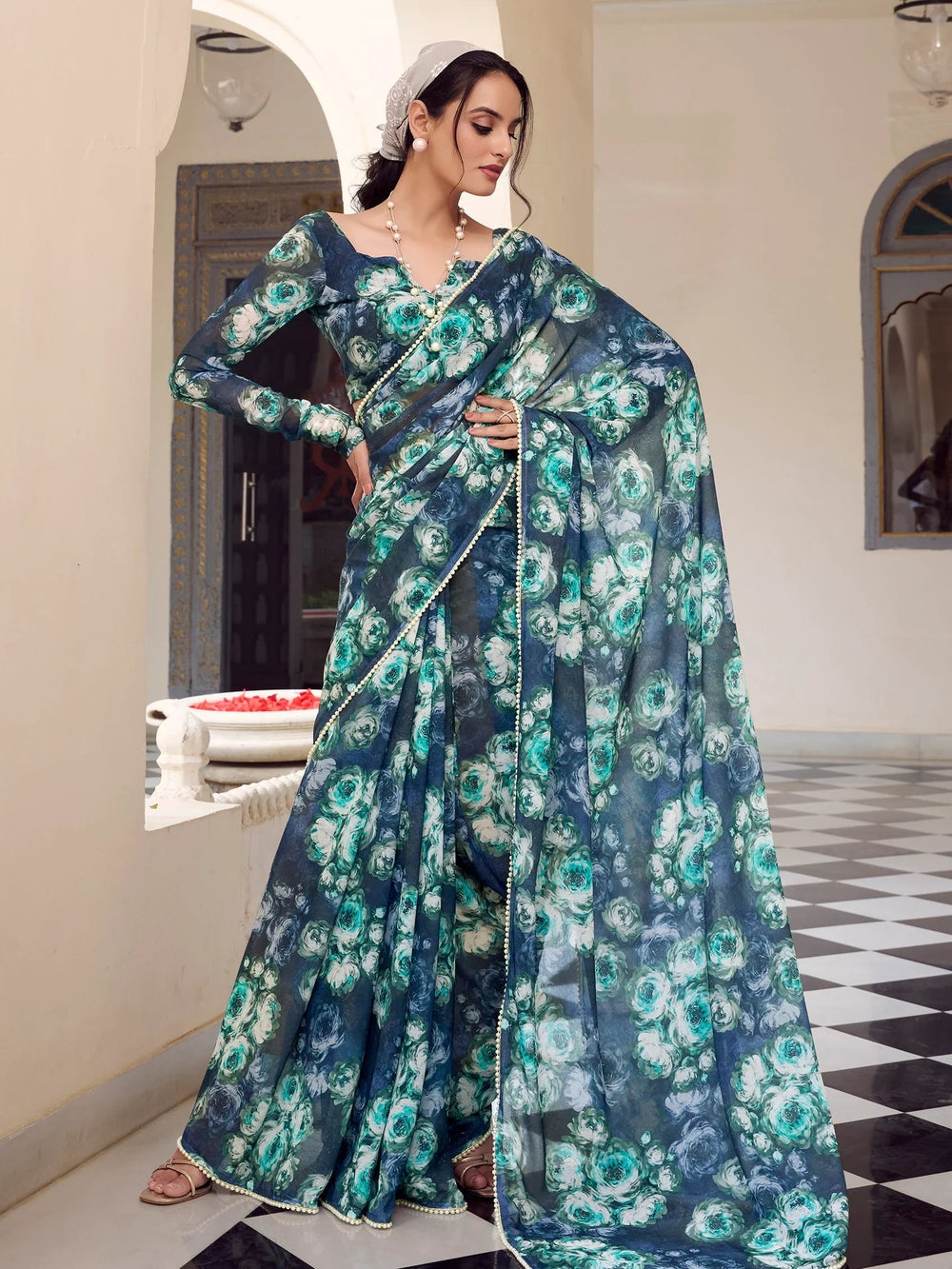 Navy Blue Georgette Floral Printed Event Wear Saree With Blouse