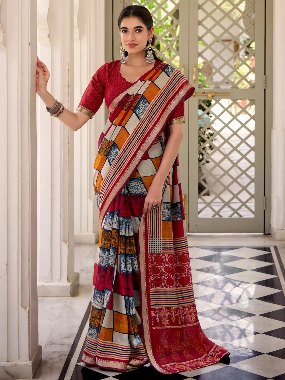 Maroon Polyester Digital Printed Casual Wear Saree With Blouse