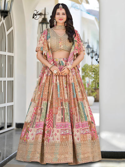 Beige Chinon Silk Zari Embroidered Lehenga Choli for Women