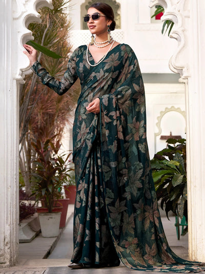 Green Brasso Floral Festival Wear Saree With Blouse