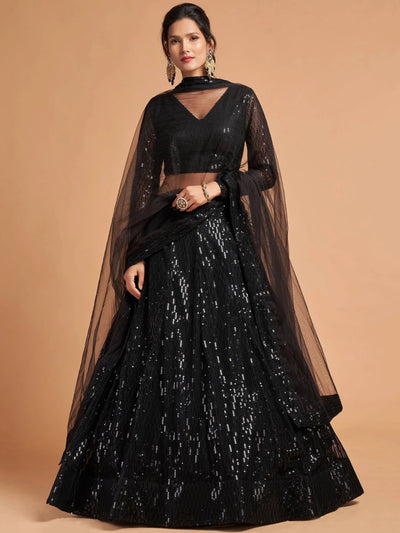 Black Thread Embroidered Net Party Lehenga Choli for Women