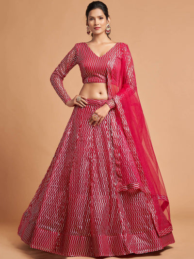 Hot Pink Thread Embroidered Net Party Lehenga Choli for Women