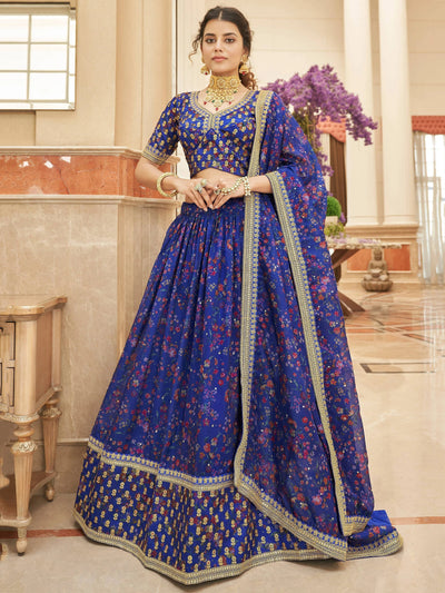 Wondrous Blue Digital Printed Organza Engagement Lehenga Choli