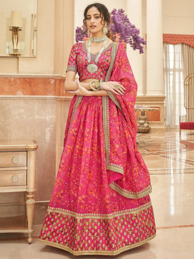 Pink Floral Printed Organza Reception Lehenga Choli for Ladies