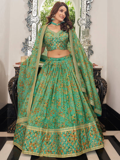 Green Floral Printed Organza Mehendi Wear Lehenga Choli for Women