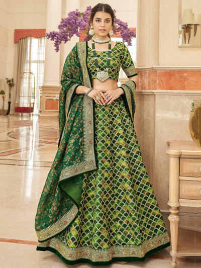 Green Embroidered Art Silk Engagement Lehenga Choli for Women