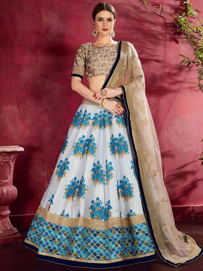 White Floral Print Banglori Silk Wedding Lehenga Choli for Women