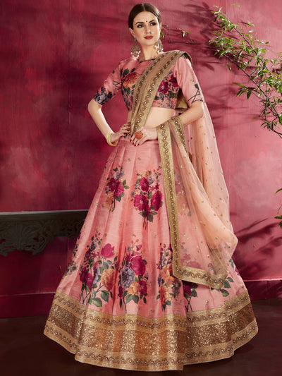 Peach Floral Printed Banglori Silk Bridal Lehenga Choli with Dupatta