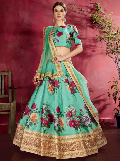 Green Floral Printed Banglori Silk Bridal Lehenga Choli with Dupatta
