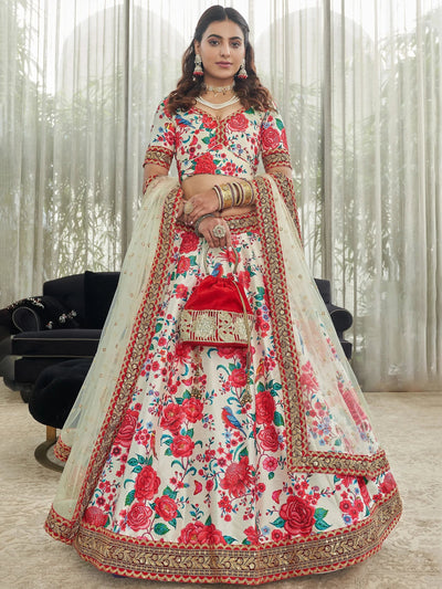 Art silk lehenga choli with floral print and sequins work for wedding occasions - White Floral Printed Art Silk Event Wear Lehenga Choli