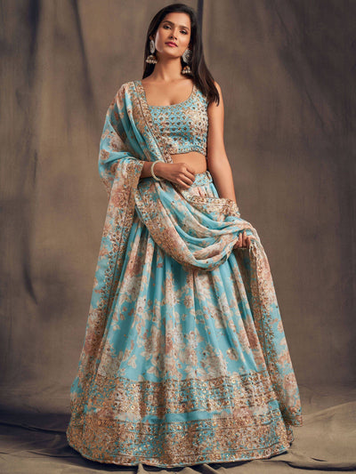 Sky Blue Floral Embroidered Organza Wedding Lehenga Choli for Women