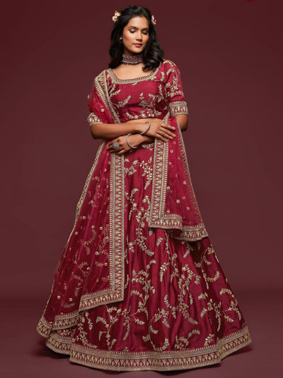 Maroon Thread Embroidered Art Silk Wedding Lehenga Choli for Women