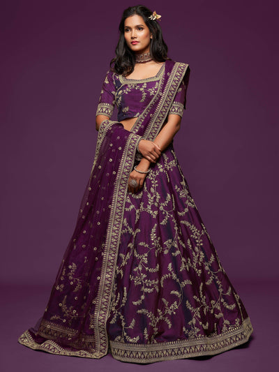 Purple Thread Embroidered Art Silk Wedding Lehenga Choli for Women