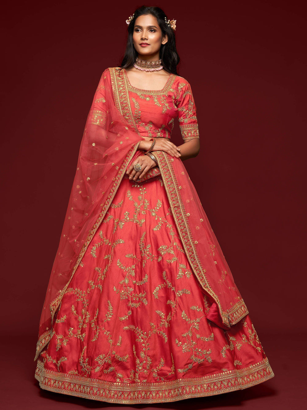 Coral Red Thread Embroidered Art Silk Wedding Lehenga Choli for Women