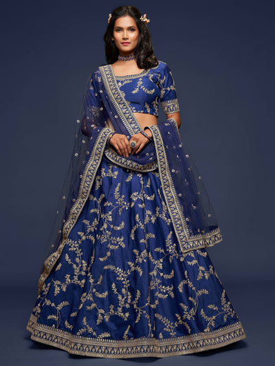 Blue Thread Embroidered Art Silk Wedding Lehenga Choli for Women