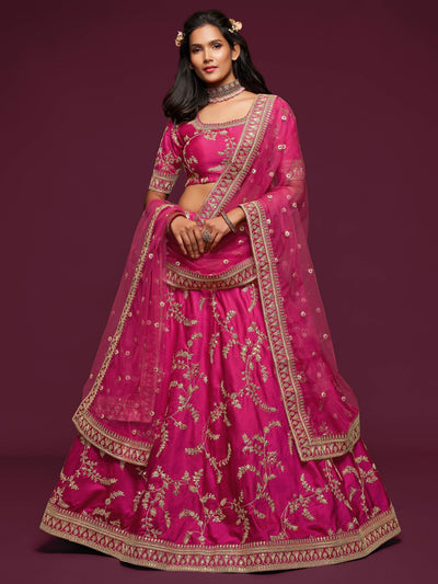 Pink Thread Embroidered Art Silk Wedding Lehenga Choli for Women