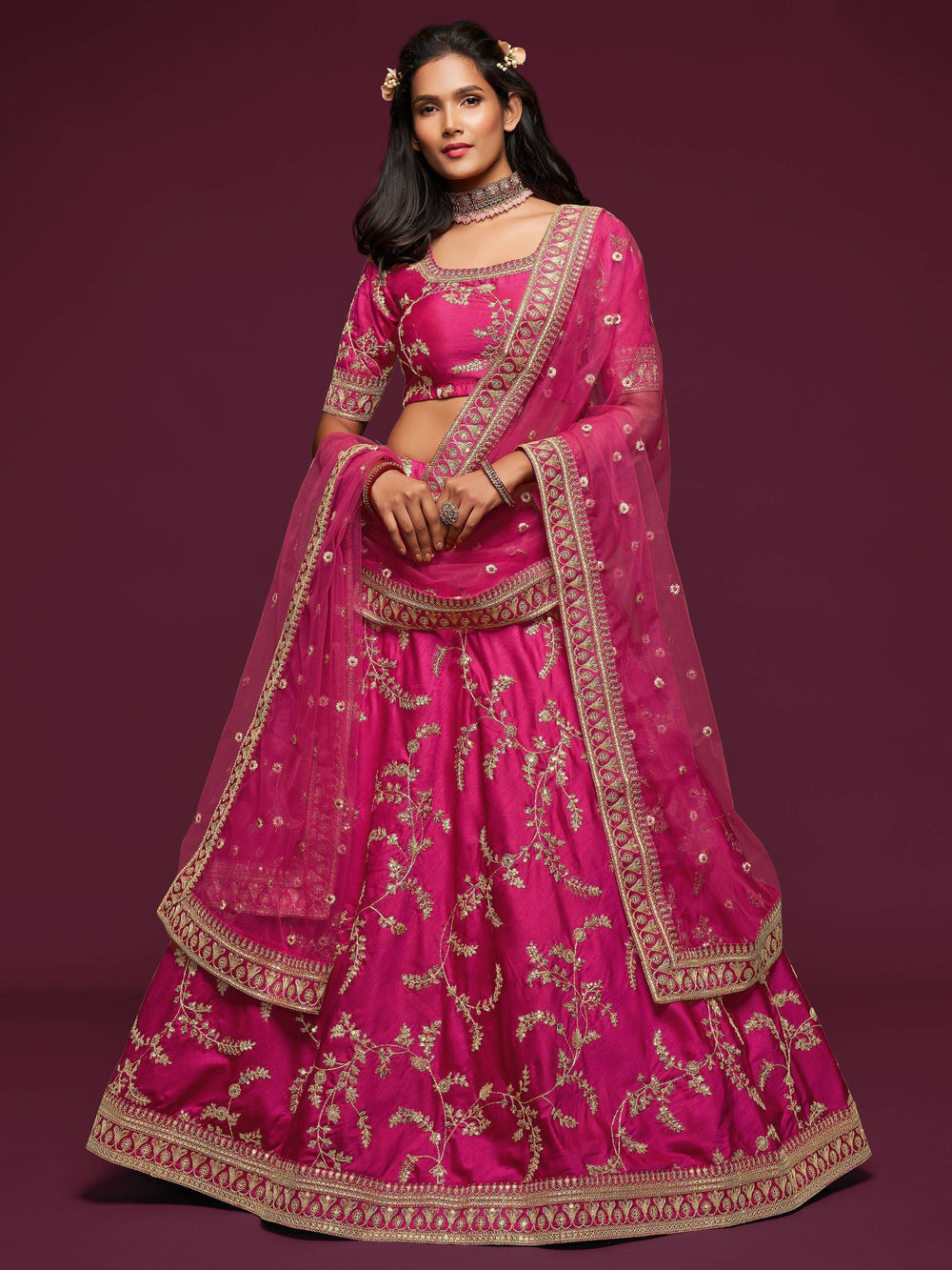Pink Thread Embroidered Art Silk Wedding Lehenga Choli for Women