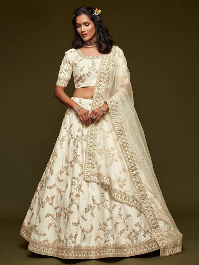 White Thread Embroidered Art Silk Wedding Lehenga Choli for Ladies