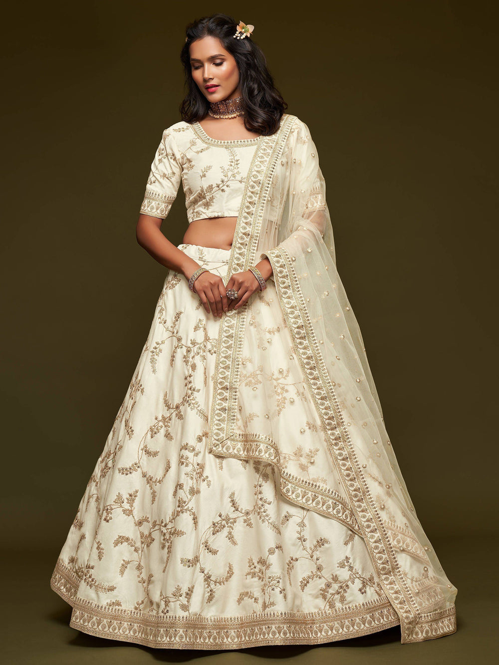 White Thread Embroidered Art Silk Wedding Lehenga Choli for Ladies