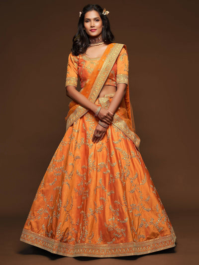 Orange Thread Embroidered Art Silk Wedding Lehenga Choli for Women