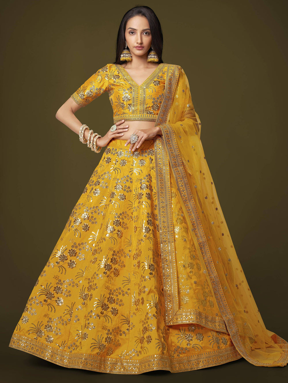 Yellow Sequins Embroidered Slub Silk Festival Wear Lehenga Choli