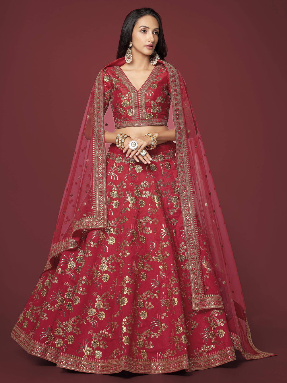 Red Zari Work Slub Silk Wedding Lehenga Choli Traditional Collection