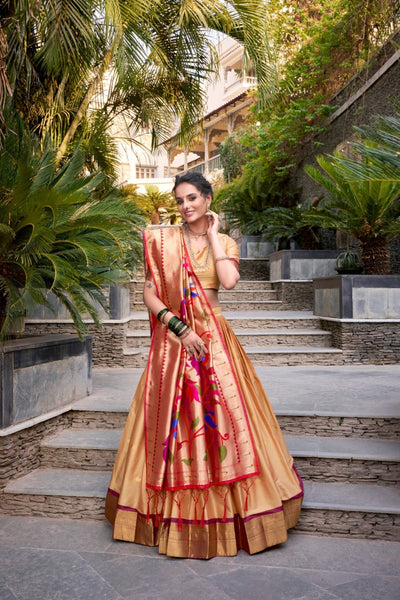 Chiku Paithani Jacquard Silk Lehenga Set with Zari Weaving Work