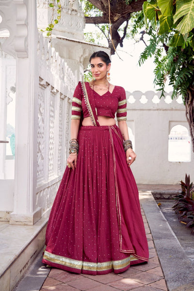 Maroon Pure Chanderi Zari Weaving Lehenga Choli Set For Festive And Wedding Special