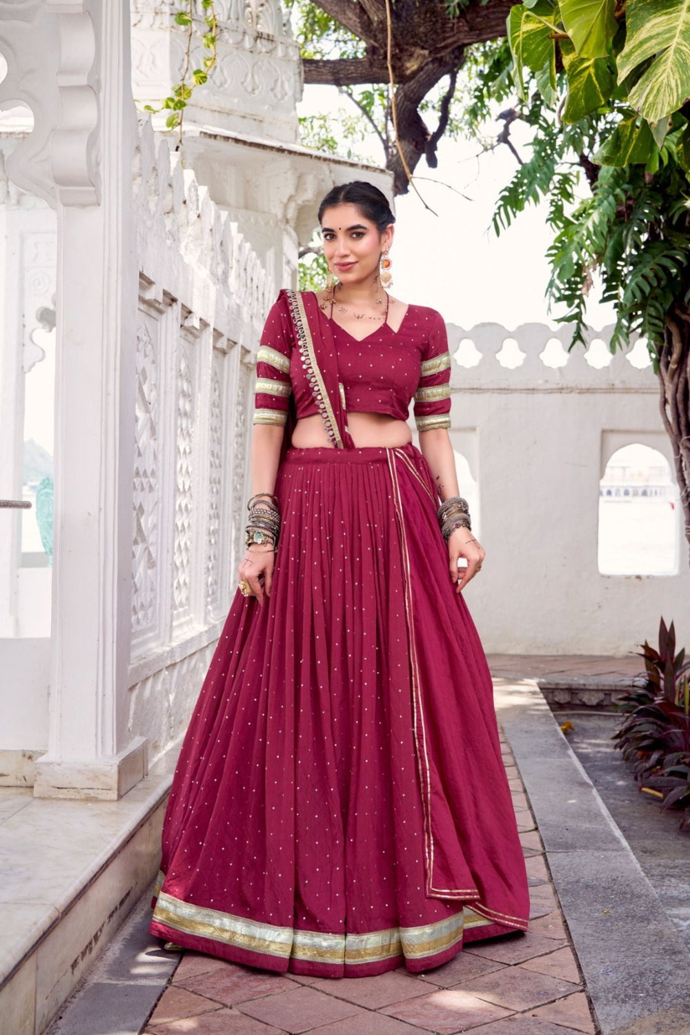 Maroon Pure Chanderi Zari Weaving Lehenga Choli Set For Festive And Wedding Special