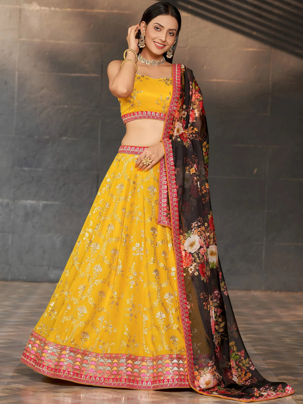Yellow Sequins Georgette Haldi Lehenga Choli for Ladies