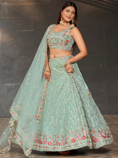 Sky-Blue Sequins Georgette Engagement Lehenga Choli for Women
