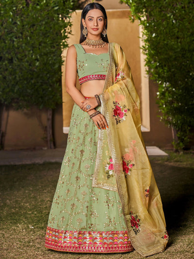 Pista Green Sequins Georgette Event Wear Lehenga Choli with Dupatta