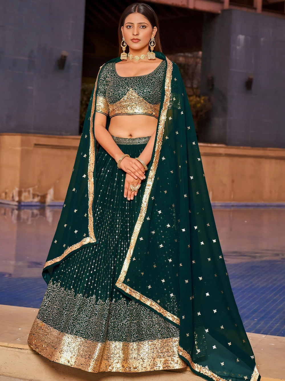 Green Sequins Georgette Reception Lehenga Choli Festive Collection