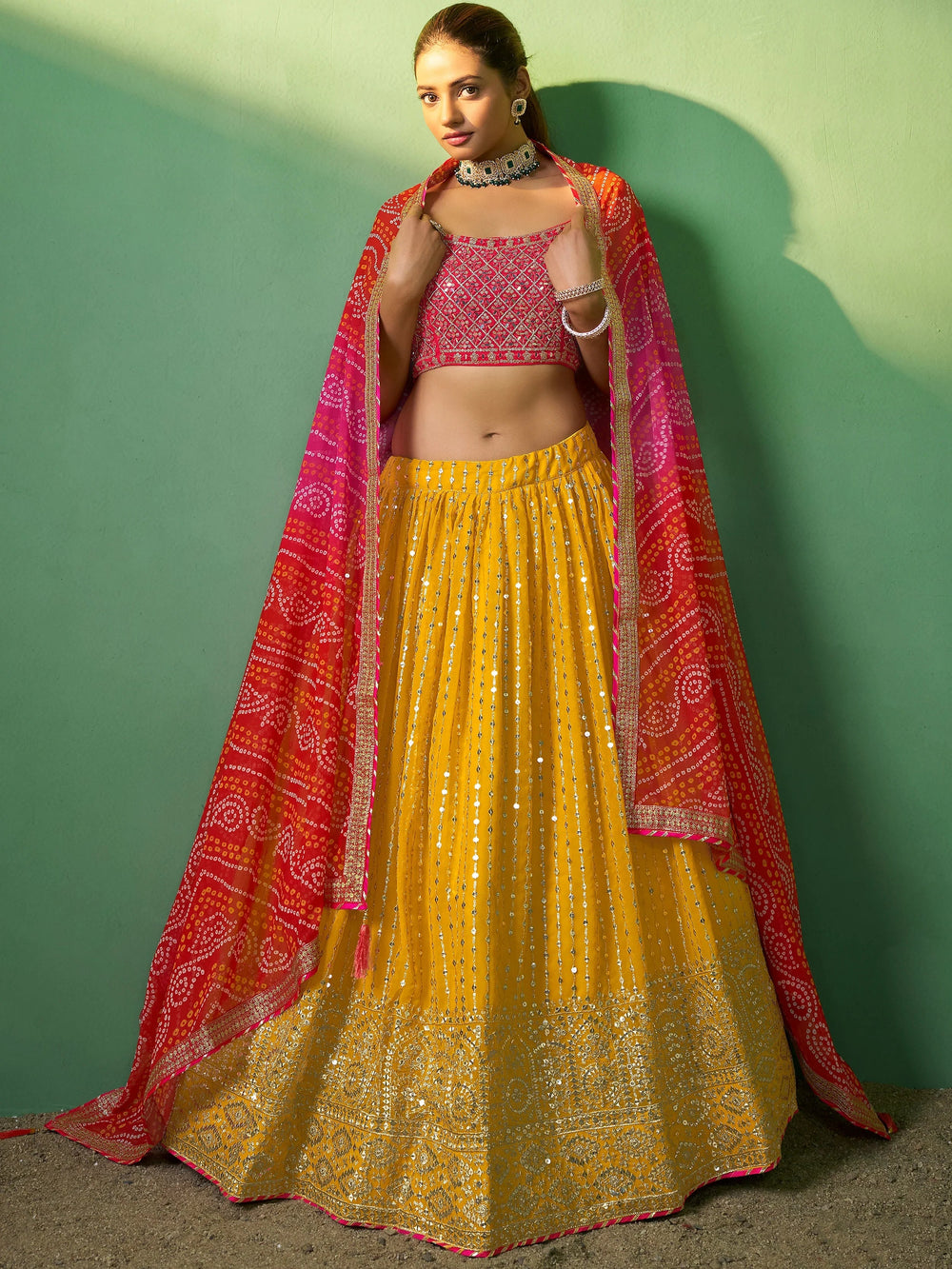 Yellow Sequins Georgette Haldi Lehenga Choli with Dupatta for Women