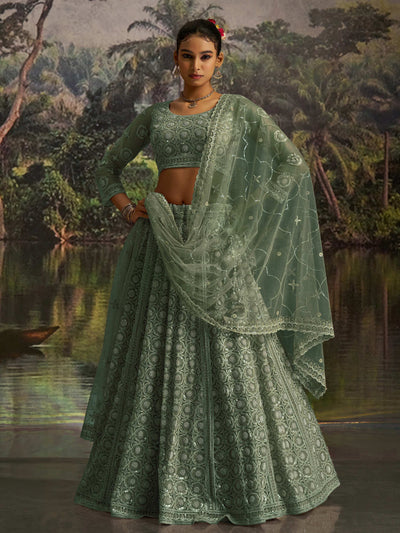 Green Net Zarkan Work Reception Wear Lehenga Choli for Women