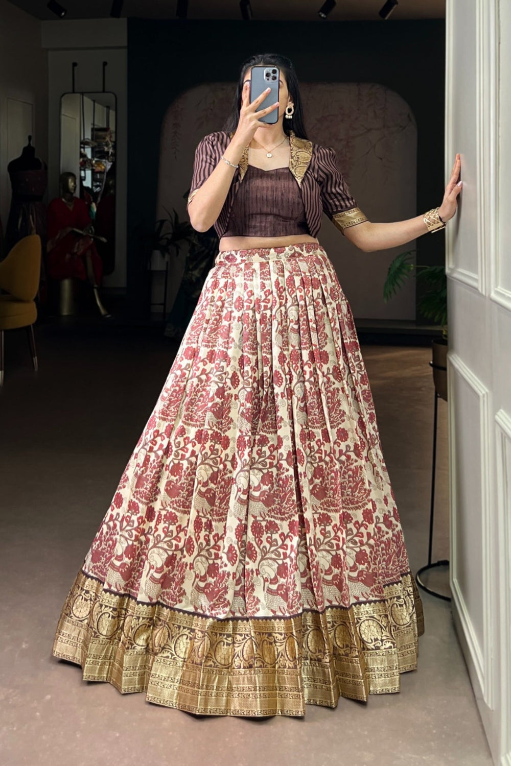 Brown Handcrafted Tasar Silk Printed With Viscose Border Lehenga Choli