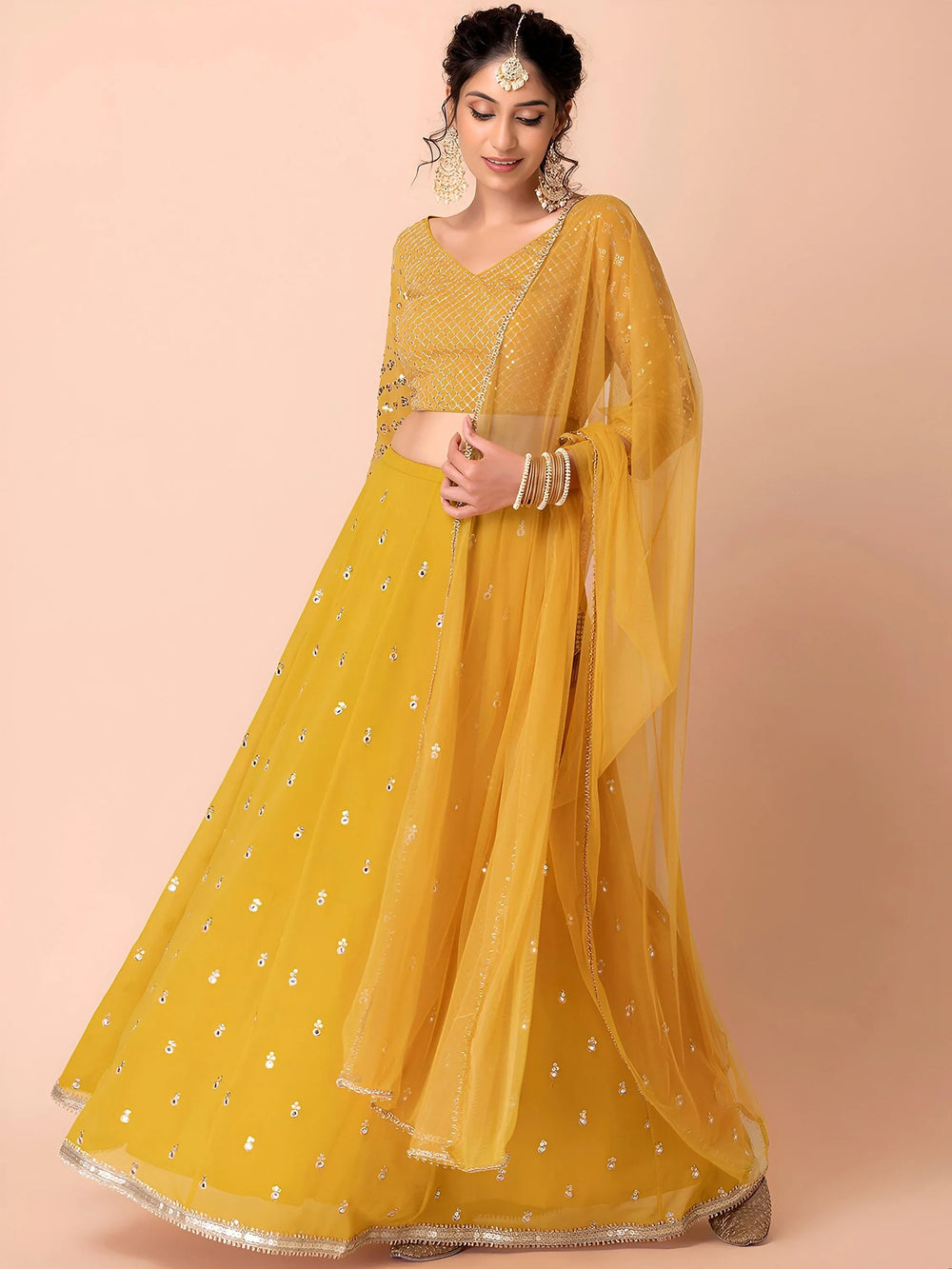 Yellow Sequins Georgette Haldi Lehenga Choli for Women