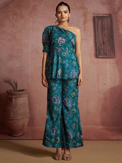 Blue Fantastic Digital Printed Muslin Silk Party Wear Co-Ord Set