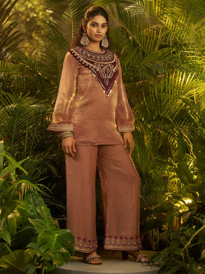 Brown Patch Work Organza Festive Wear Co-Ord Set